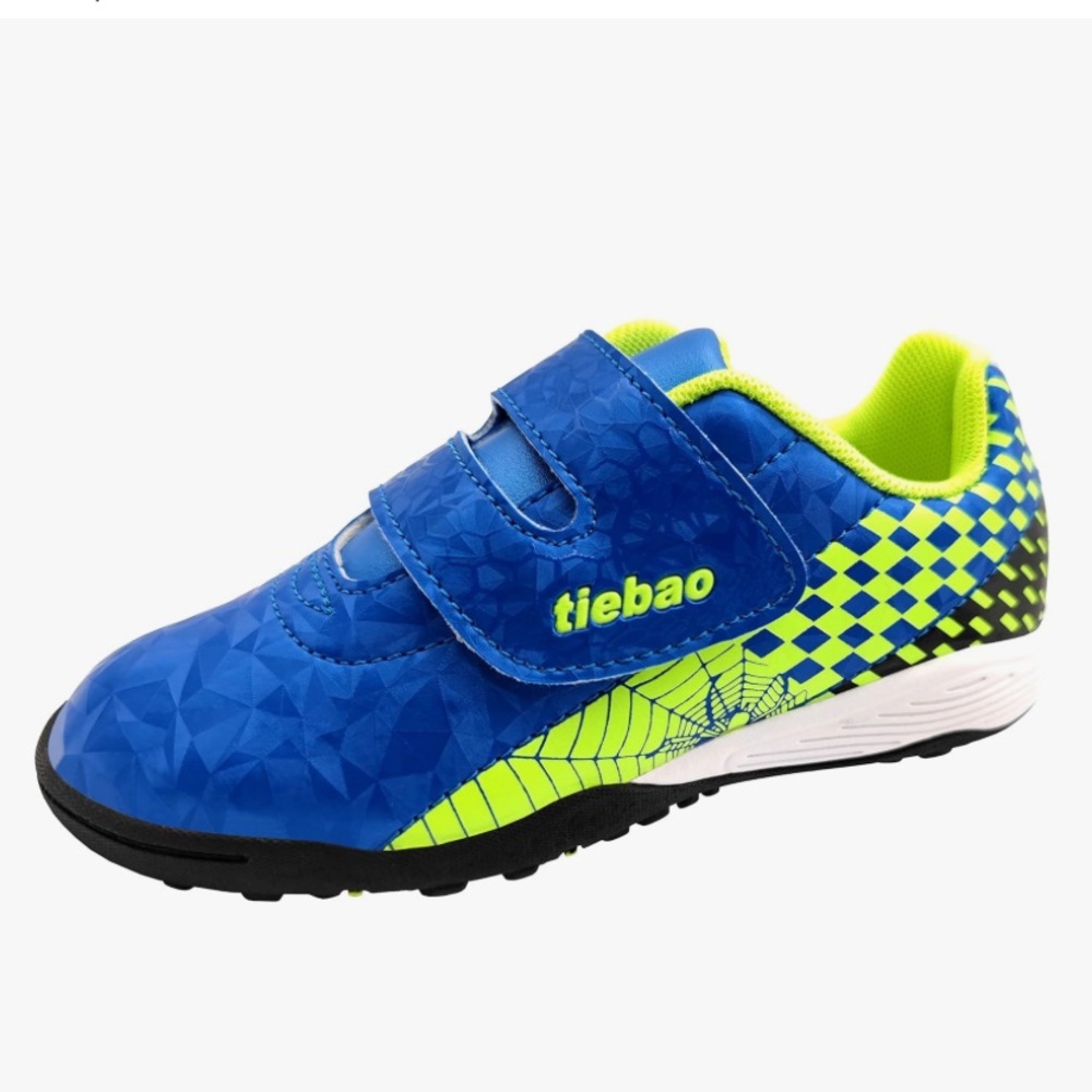 Kids Blue Soccer Turf Shoes with Neon Green Trim